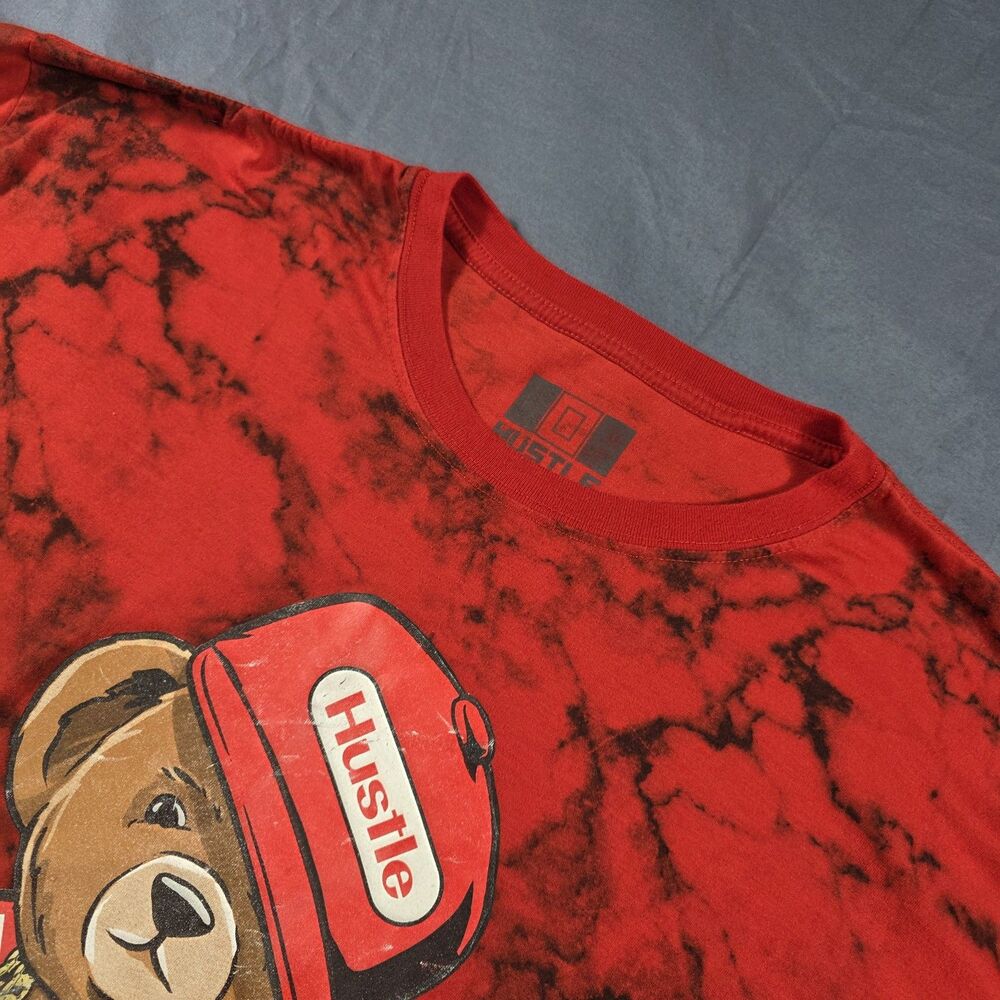Men's Hustle Teddy Bear Streetwear Graphic T-Shirt Red Marble Size 4XL Hip Hop